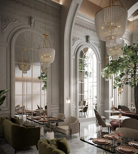 Classic Interior Design Luxury, Neoclassical Interior Design, Brunch Restaurant, Victorian Interior Design, Classic Restaurant, Neoclassical Design, Interior Design Dubai, Neoclassical Interior, Palace Interior