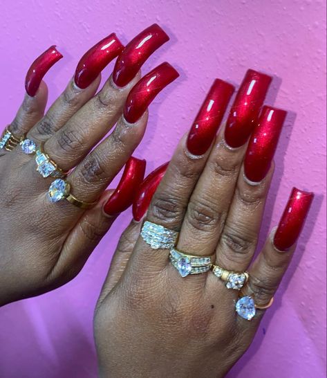 Coffin Shaped Red Nails, 90s Curved Nails Long, Curved Nails Coffin, Dope Nail Designs Swag, Candy Apple Red Nails, Flare Acrylic Nails, Dramatic Nails, Magenta Nails, Black Movies