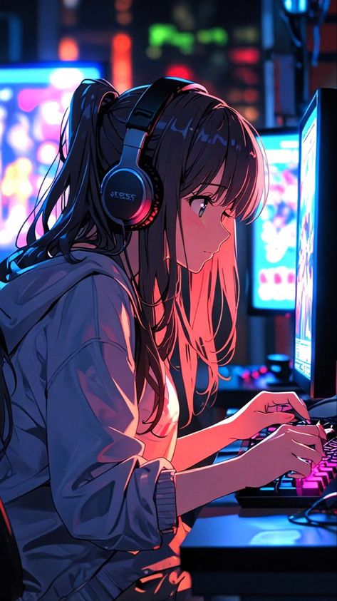 #gamergirl #animewallpaper Gamer Girl Animes, Anime Gamer Wallpaper, Gamer Girl Aesthetic Wallpaper, Gamer Girl Wallpaper, Coding Girl, Coding Quotes, Headphones Art, Gamer Art, Anime Gamer