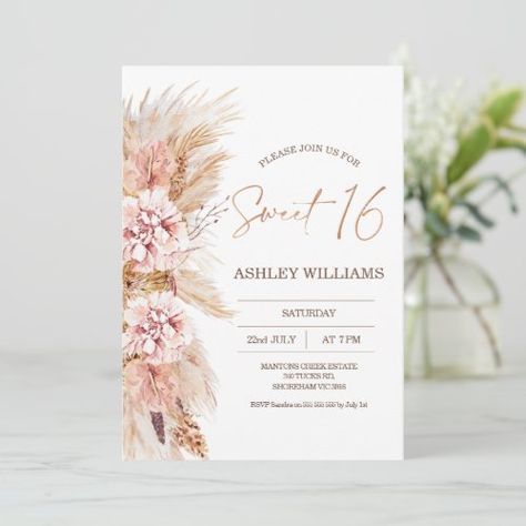 Blush Floral Boho Pampas Grass Sweet 16 Birthday Invitation #zazzle #weddinginvitations #birthdayinvitations #babyshowerinvitations #zazzleinvitations #monogram #businesscards #graduation #homedecor Sweet 16 Party Planning, 16 Invitations, 16th Birthday Invitations, Pink Birthday Party, 16 Birthday, Boho Party, Sweet 16 Invitations, Sweet 16 Parties, Engagement Invitations