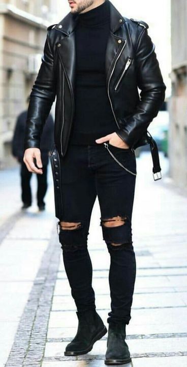 Streetwear Jeans, Black Leather Jacket, Ripped Jeans, Jeans Denim, Black Leather, Leather Jacket, For Men, Leather, Black