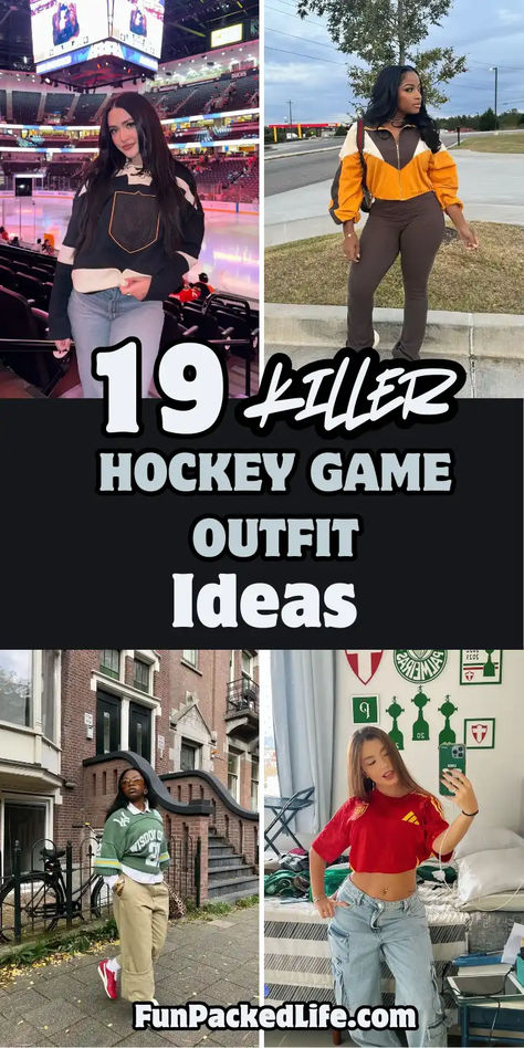 Image showcases four trendy hockey game outfit ideas with the text "19 Killer Hockey Game Outfit Ideas" prominently displayed. Outfits include a black hockey jersey paired with jeans, a sporty tracksuit in orange and brown tones, an oversized green jersey styled with cargo pants and sneakers, and a cropped red sports tee with loose-fitting jeans. The theme emphasizes a mix of sporty and casual styles perfect for showing team spirit and staying comfortable during a hockey game. Hockey Game Outfit Ideas, Style Hockey Jersey Outfit, Outfit For Hockey Game Cute, How To Dress For A Hockey Game, Hockey Game Day Outfit, Outfits For Hockey Games, Hockey Game Outfit Date, Nhl Jersey Outfit, What To Wear To A Hockey Game