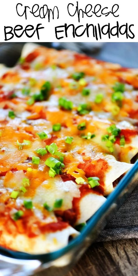 Cream Cheese Beef Enchiladas - Life In The Lofthouse Taco Alternatives, Beef And Cheese Enchiladas, Mexican Food Recipes Enchiladas, Enchiladas Beef, Recipes Enchiladas, Cream Cheese Enchiladas, Life In The Lofthouse, Easy Beef Enchiladas, Beef Enchilada Recipe