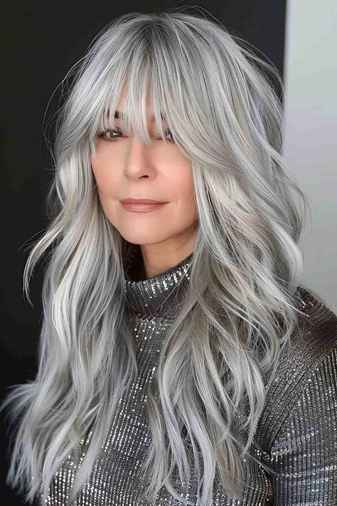 The Best Long Haircuts of 2024 Grey Hair With Curtain Bangs, Long Grey Hair With Bangs, Grey Hair Fringe, Hair With Grey Highlights, Golden Honey Balayage, Blonde Hair With Grey Highlights, Haircuts With Fringe, Hair Sparkles, Best Long Haircuts