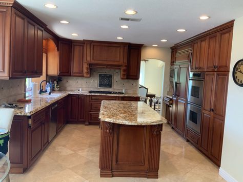 Update Tuscan Kitchen, Simple Kitchen Cabinets, Dark Counters, Taj Mahal Quartzite, Tuscan Style Homes, Dentil Moulding, Travertine Floors, New Countertops, Tuscan Kitchen