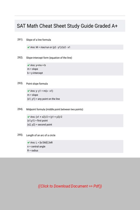 SAT Math Cheat Sheet Study Guide Graded A 
 Follow Link above to Download the document (pdf) Sat Math Cheat Sheet, Slope Formula, Midpoint Formula, Math Cheat Sheet, Sat Math, Slope Intercept Form, Student Hacks, Cheat Sheet, Cheat Sheets