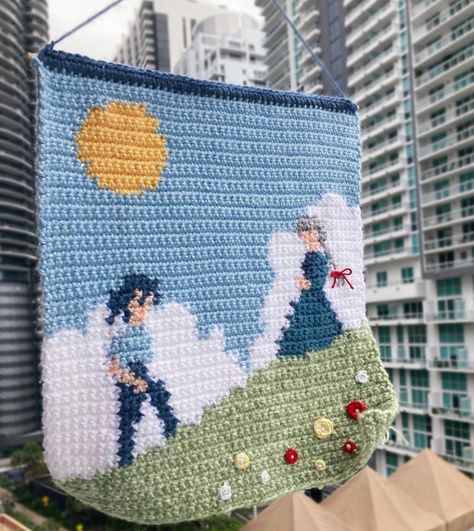 Crochet Graph Patterns Studio Ghibli, Tapestry Stitch Crochet, Howls Moving Castle Crochet Tapestry, Ghibli Crochet Tapestry, Studio Ghibli Tapestry Crochet, Small Tapestry Crochet Pattern, Howls Moving Castle Crochet, Tapestry Crochet Patterns Free, Knitted Tapestry