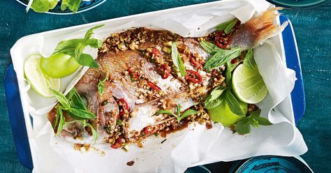 For a light meal that really brings flavour, this Vietnamese steamed fish with lemongrass and chilli is easy to make and low in fat. Vietnamese Fish, Trip To Vietnam, Rice Paper Rolls, Mint Salad, Steamed Fish, Asian Inspired Recipes, Fish Dinner, Cooking Recipe, Paper Rolls