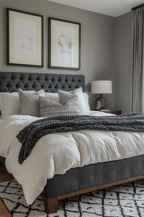 Looking for black and grey bedroom ideas for women? Explore charcoal walls, black furniture, and silver accents for a sophisticated and stylish look. Discover grey upholstered headboards, black and white photography, and metallic light fixtures for added elegance. Find inspiration for black bedding with grey throw pillows, geometric area rugs, and minimalist artwork to design a sophisticated and dramatic bedroom retreat. Grey Bed Blue Bedding, Charcoal Duvet Cover, Black Grey Cream Bedroom, Dark Gray And Beige Bedroom, Dark Grey Headboard Bedroom Ideas Decor, Warm Grey Bedroom Ideas, Beige And Grey Bedroom Ideas, Dark Gray Bed Frame Bedroom Ideas, Gray And Black Bedroom Ideas