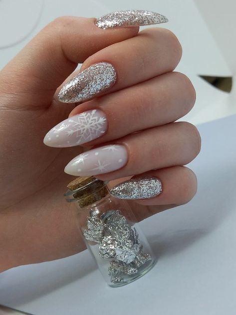 Almond Christmas Nails, Shiny Manicure, Christmas Nails 2023, Silver Nail Designs, Silver Glitter Nails, Tree Nails, Holiday Nail Designs, Subtle Nails, Holiday Nail