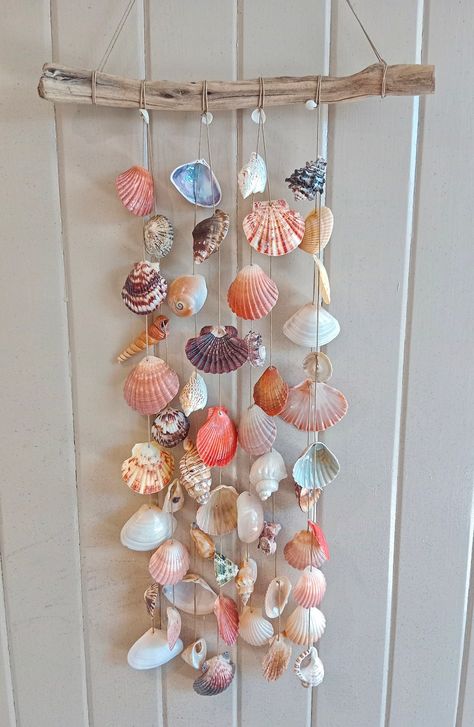 Seashell, Driftwood Wind Chime/ Wall Hanging, Rustic Wind Chime, Beach Decor, Boho Decor, Seashell Wind Chime, Garden Decor - Etsy Things To Make Out Of Seashells, How To Store Shells, Creative Ideas For Room Decoration, What To Do With Beach Shells, Fun Beach House Decor, Seashell Hanging Decor, Dorm Crafts Diy, Seashell Decor Diy, Things To Do With Shells From The Beach