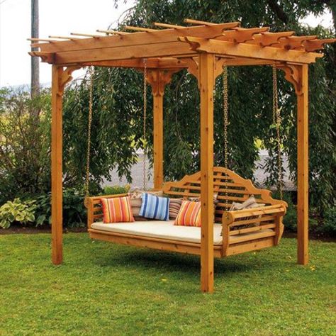 Hanging Daybed, Backyard Swings, Pergola Swing, Swing Bed, Wooden Swing, Backyard Gazebo, Porch Swings, Pergola Design, Backyard Pergola