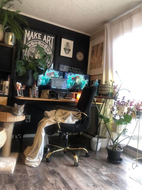 Stream Room Aesthetic, Dark Cozy Studio Apartment, Grunge Office Decor, Dark Eclectic Office, Dark Plant Bedroom Aesthetic, Goth Home Office Ideas, Eclectic Gaming Room, Gamer Apartment Decor, Office Decor Dark Academia