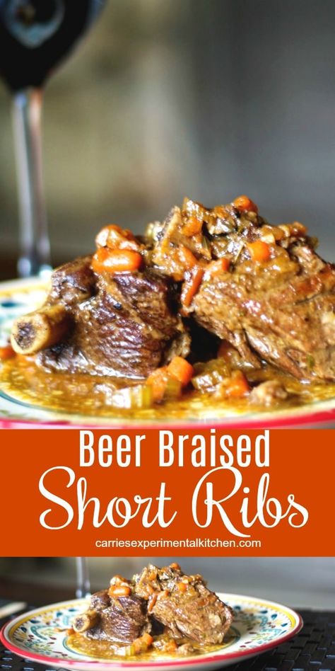 Beer Braised Short Ribs made with beef ribs that have been slowly braised in beer, mustard, garlic and vegetables until they're 'fall off the bone' tender. Braised Beef Short Ribs Recipe, Beer Braised Short Ribs, Braised Short Ribs Recipe, Braised Beef Short Ribs, Beef Short Rib Recipes, Short Ribs Recipe, Risotto Rice, Braised Short Ribs, Slow Cook