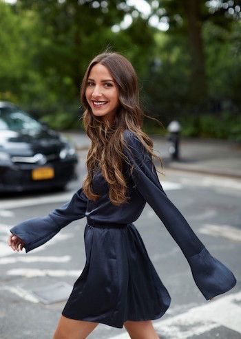 Arielle Charnas Style, Navy Fall Dress, Madame Chic, Arielle Charnas, Navy Sweater Dress, Faux Shearling Coat, Something Navy, New Years Eve Outfits, Embellished Jeans