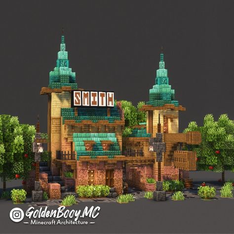 Minecraft Steampunk Village, Minecraft Alleyway, Minecraft Town Square Ideas, Minecraft Shops Building, Minecraft Town Center Ideas, Minecraft Blacksmith House, Minecraft Shop Ideas, Minecraft Storage Building, Minecraft Steampunk House