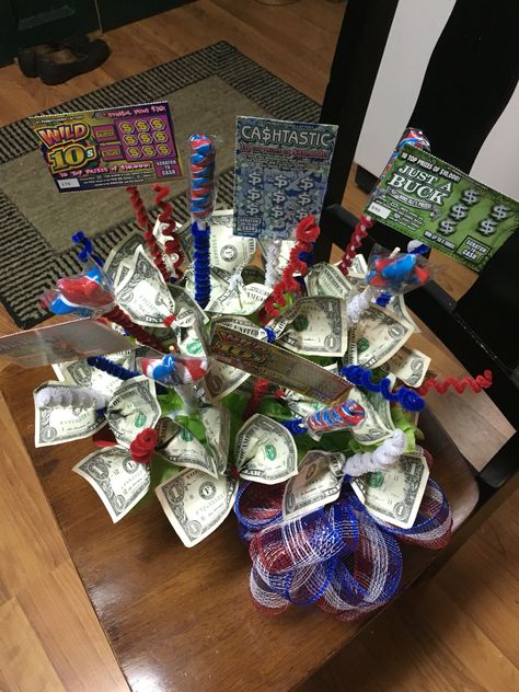 Money/lottery basket Lottery Ticket Bouquet, Money Lottery, Alcohol Bouquet, Lottery Ticket Gift, Bottles Of Alcohol, Fundraiser Baskets, 21st Birthday Wishes, Mini Alcohol Bottles, Man Bouquet