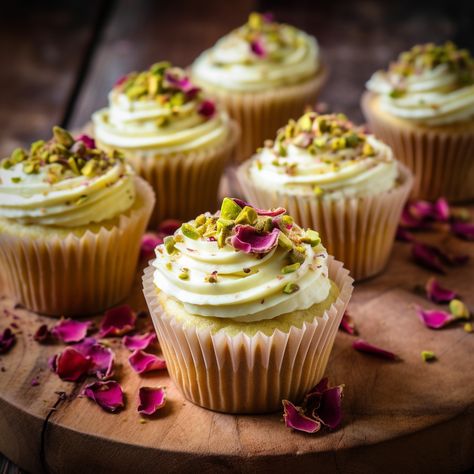 These delectable cupcakes offer a unique blend of flavors with the subtle nuttiness of pistachios, the floral aroma of rosewater, and the exotic touch of saffron in the decadent frosting. #food #recipe #cupcakes #baking #pistachio #rosewater #saffron #delicious #treat #yum Rose Pistachio Cupcake, Rose Baked Goods, Interesting Cupcake Flavors, Herbal Cupcakes, Cake Flavor Ideas Unique, Dessert Recipes Unique, Interesting Cake Flavors, Saffron Cupcakes, Baking Pistachio