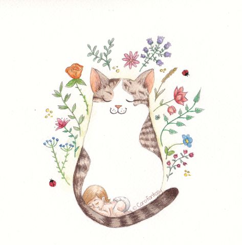 Baby Illustration, Watercolor Ideas, Baby Cards, Watercolor Illustration, Cat Art, Art Style, Drawings, Art, Croquis