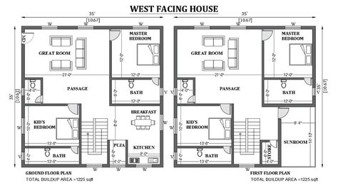 35'x35' west facing house design as per Vastu shastra is given in this FREE 2D Autocad drawing file. The total built-up area of the plan is 1225sqft. download this 2D Autocad drawing file. West Facing House Plan, 2d Autocad Drawing, Residential Plan, West Facing House, 2bhk House Plan, Amazing Gymnastics, Types Of Architecture, Building Landscape, Building Layout