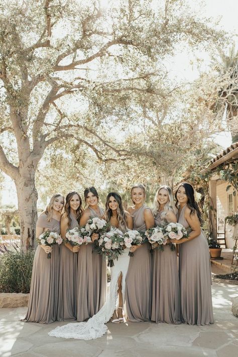 Golden hour weddings shine brighter than the rest - literally! These college sweethearts got married on the California coast, and from her off-the-shoulder indie wedding dress to their vintage rug aisle runner, we are hooked. #ruffledblog Indie Wedding Dress, Beige Bridesmaid Dress, Beige Bridesmaids, Neutral Bridesmaid Dresses, Indie Wedding, Simple Bridesmaid Dresses, Mismatched Bridesmaids, Pnina Tornai, Mismatched Bridesmaid Dresses