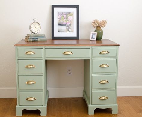 A 7-drawer vintage wooden desk makeover with chalk paint in the color sage by Barbara from A Green Paintbrush. Country Chic Sage Advice, Redone Desk Ideas, Two Toned Desk Makeover, Painted Wooden Desk Ideas, Painted Wooden Desk, Refinishing A Desk Ideas, Refinished Antique Desk, Refinish Desk Ideas Diy, Painted Desk With Stained Top