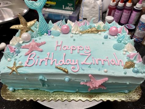 Sheet Cake Mermaid Theme, Square Mermaid Birthday Cake, Mermaid Cake Rectangular, Easy Mermaid Sheet Cake, Mermaid Birthday Cake Sheet, Little Mermaid Sheet Cake, Under The Sea Sheet Cake, Mermaid Sheet Cake Ideas, Rectangular Birthday Cake