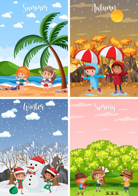 Summer Season Pictures For Project, Different Seasons Drawing, Four Seasons Drawing For Kids, Four Seasons Activities Preschool, Seasons Drawing Ideas, Season Charts For Kids, Spring Season Drawing For Kids, Natural Drawing Ideas, Seasons Chart Preschool