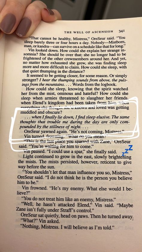 Foto de um livro com destaque na frase “when I finally lie down, I find sleep elusive. The same thoughts that trouble me during the day are only compounded by the stillness of night” Mistborn Quotes, Ascension Quotes, The Well Of Ascension, Thoughts At Night, Insomnia Quotes, Brandon Sanderson, Insomnia, Late Night, Listening To Music