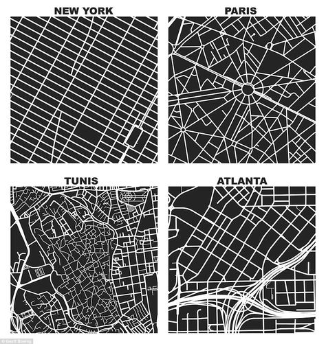 Top left: Manhattan's rectangular street grids came to be from the New York Commissioners' Plan of 1811. Top right: Paris' square mile shows the Arc de Triomphe at its center with streets radiating outwards from it. Bottom left: Tunisia's capital, Tunis, has a complex layout. Bottom right: Atlanta's layout is typical of many American cities, disconnected and auto-centric Landscape Zoning, Zoning Diagram, Network Visualization, Grid Graphic Design, Urban Pattern, Urban Mapping, Tunis Tunisia, Manhattan City, City Grid