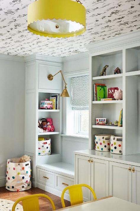 Built In By Window, Playroom Window, Wallpaper On Ceiling, Gray Playroom, Yellow Ceiling, Kids Room Interior Design, Wallpaper Ceiling, Playroom Storage, Playroom Design