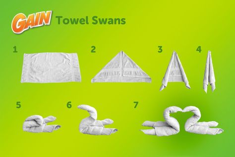 Who doesn't love a towel swan? Here's how to make your own. #client Towel Swan, Folding Socks, Towel Origami, Fold Towels, Towel Folding, Towel Art, 40th Birthday Quotes, Toilet Paper Art, Folding Towels