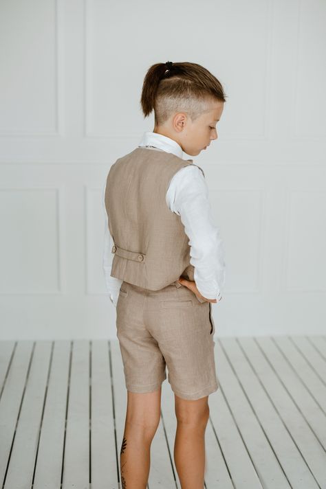 https://www.etsy.com/listing/1324362595/ring-bearer-shorts-and-vest-linen-boys Outfit With Vest, Wedding Outfit For Boys, Vest And Bow Tie, Bearer Outfit, White Linen Shirt, Beach Ceremony, Wedding Linens, Linen Suit, Linen Shorts