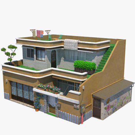 Sims 4 Town Makeover, Korean Townhouse, Korean Apartment Building, Korean House Exterior, Korean House Design, Industrial House Exterior, Anime Houses, Korean House, Japanese Apartment