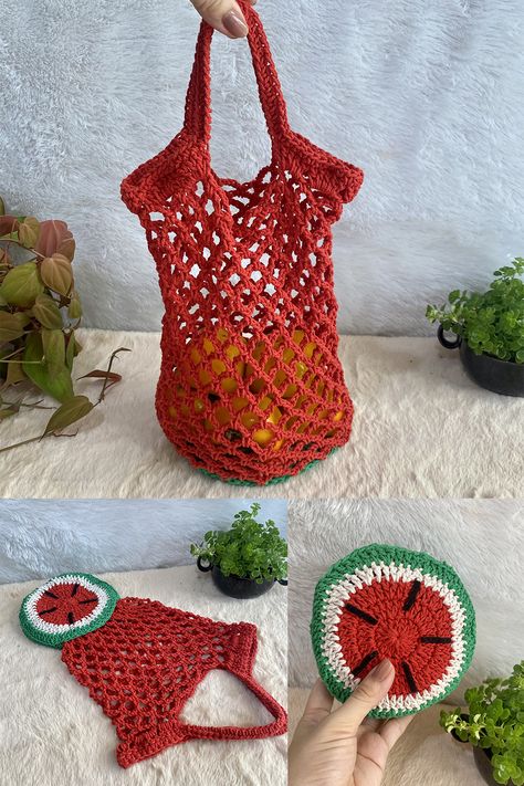 CROCHET BAG : Crochet Foldable Fruit Market Bag Tutorial | Foldable Watermelon Crochet Market Bag🍉🍉 #crochetbag #foldablebag #watermelon #crochetfruit Materials: 1. Cotton rope size 2 mm. 2. Crochet Hook No.6 size 3.5 mm. 3. Felt 4. Glue 5. Scissors 6. Needle Finished Watermelon size: Height 13 cm. Width 13 cm. Collapsible Crochet Bag, Foldable Net Bag Crochet, Crochet Collapsible Bag, Fruit Market Bag Crochet, Foldable Fruit Bag Crochet Pattern, Foldable Bag Crochet, Foldable Crochet Bag, Crochet Fruit Bag Free Pattern, Foldable Crochet Market Bag