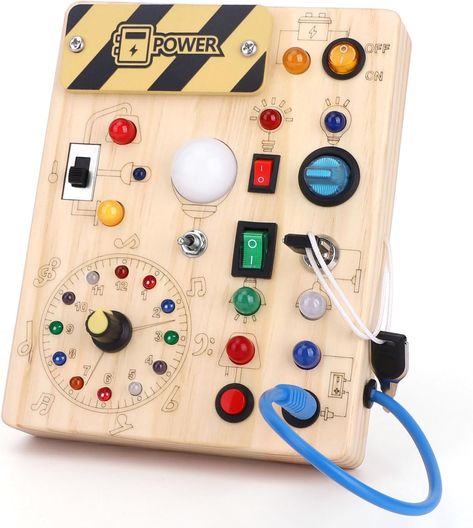 Wooden Busy Board Sensory Toys with 8 LED Light switches, Travel Toys Montessori Toys for 1 Year Old Baby Toodler Baby Sensory Board, Mom Decor, Baby Safety Products, Maternity Products, In Home Daycare, Montessori Busy Board, Baby Travel Gear, Wooden Toys For Toddlers, Busy Boards For Toddlers