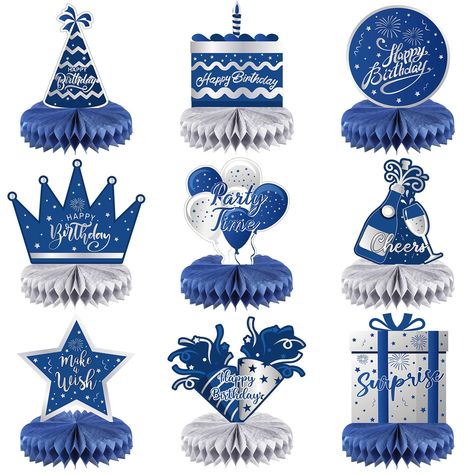 PRICES MAY VARY. Birthday Honeycomb decor: there are 9 sets of navy blue and silver birthday tabletop honeycomb decorations that can be applied in different styles of tables, the patterns include classic elements such as cakes, gift boxes, cupcake hats; There are plenty of them so you can make the most of them and create a great birthday party atmosphere Reliable Materials: these blue silver birthday honeycomb centerpieces are made of reliable, sturdy cardstock with sophisticated printing techni Table Centerpieces Birthday, Blue Silver Birthday, Birthday Table Centerpieces, Centerpieces Birthday Party, Centerpieces Birthday, Cupcake Hats, Honeycomb Decorations, Silver Birthday, Silver Table