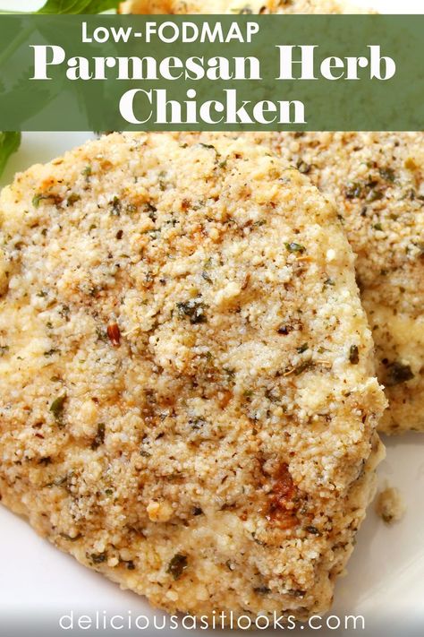 Low FODMAP Parmesan Herb Chicken Fodmap Recipes Lunch, Low Food Map Diet, Food Map Diet, Fodmap Chicken Recipes, Low Residue Diet, Ibs Friendly Food, Fodmap Lunch, Fodmap Chicken, Fodmap Recipes Dinner