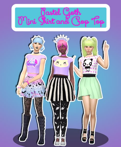 Sims 4 CC's - The Best: Pastel Goth Mini Skirt, Crop Top and Dresses by Te... Sims 4 Pastel Goth Cc Maxis Match, Pastel Goth Sims 4 Cc, Pastel Goth Skirts, Goth Mini Skirt, Taemin Move, Mini Skirt And Crop Top, Sims4 Clothing, Neon Goth, Skirt And Crop Top