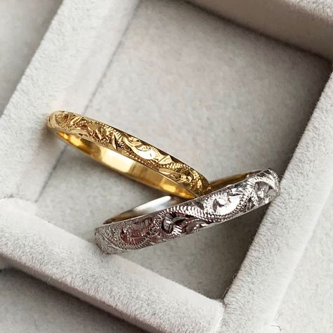 Matching with your partner needn't mean forfeiting your individuality. Our made-to-order system invites you to select your band width, metal colour and engraving style, ensuring your wedding ring is just as much an encapsulation of your personal identity as a visual symbol of your shared love story. 💘 #weddingrings #weddingbands #ethicalweddingrings #sustainableweddingrings #alternativeweddingrings #engraviedweddingrings #engravedweddingbands #handengraving #mensweddingrings #weddingringinspo Gold And Silver Wedding Bands, Gold Band Wedding Rings, Silver And Gold Wedding Ring, Godly Wedding, Band Wedding Rings, Hers And Hers, Ethical Wedding Rings, Lotr Wedding, Gold Band Wedding Ring