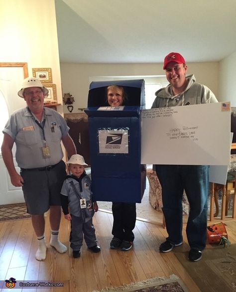 Breanna: Our costumes were a tribute to my dad who is retiring from the USPS after 35 years of service. Eli (2.5 years) is the letter carrier. This costume was bought.... Usps Halloween Costume, Mail Halloween Costume, Diy Mail Carrier Costume, Real Estate Halloween Costumes, Postal Worker Costume, Mailman Costume, Group Costumes Halloween, Creative Group Costumes, Work Incentives