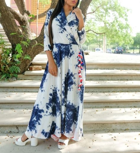 Tie And Dye Dresses Indian Kurti, Tie And Dye Dresses Indian, Tie Dye Dress Outfit, Tie And Dye Dress, Black Pakistani Dress, The Secret Label, Navy And White Dress, Long Frock, Long Kurti Designs