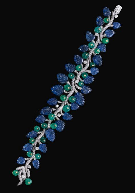 Best Diamond Bracelets  :   BULGARI | SAPPHIRE, EMERALD AND DIAMOND BRACELET (Sotheby's) Leaf Jewellery, Carved Emerald, Emerald Bracelet, Sapphire Bracelet, Tutti Frutti, Fabulous Jewelry, Gems Jewelry, Dream Jewelry, Diamond Bracelets