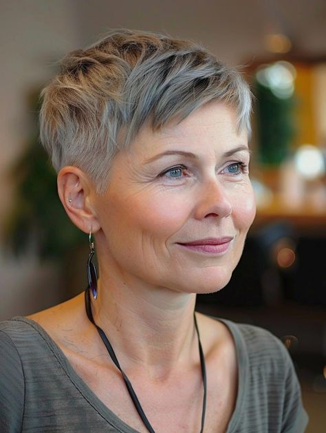 Women Pixie Haircut Short Styles, 2024 Pixie Trends, Short Hair For Women Over 50, Very Short Hairstyle Women, Pixie Haircut Over 50, Silver Pixie Cut, Pixie Cuts For Older Women, Short Undercut Hairstyles, Short Grey Haircuts