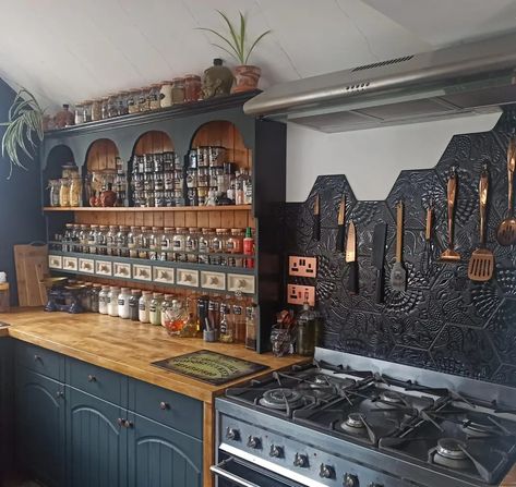 Apothecary Style Kitchen Cabinets, Bright Moody Kitchen, Colorful Kitchen Remodel, Dark Cottagecore House Decor, Cozy Maximalism Kitchen, Hippy Farmhouse, Modern Goth Kitchen, Kitchen Paneling Ideas, Small Moody Kitchen