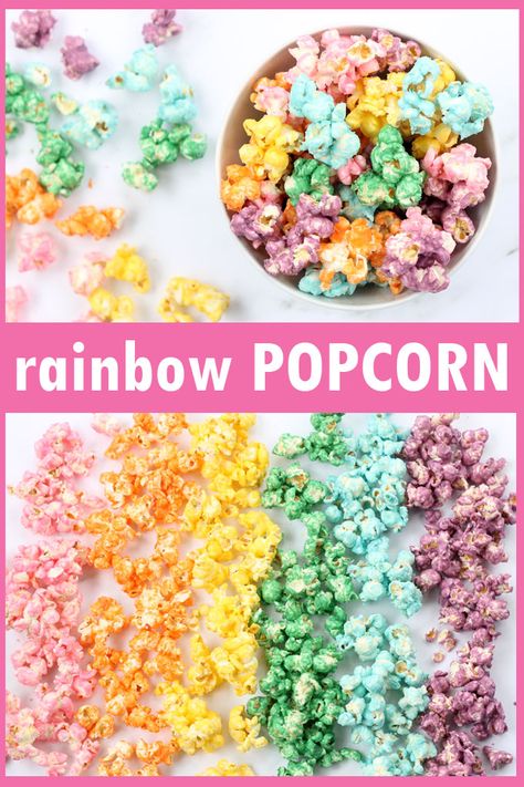 Rainbow popcorn! How to make colored popcorn, a fun food idea for a rainbow party. Unicorn food. #UnicornFood #RainbowPopcorn #coloredpopcorn Colored Popcorn Recipe, Unicorn Popcorn, Popcorn Ideas, Rainbow Popcorn, Popcorn Recipes Easy, Baby Shower Foods, Colored Popcorn, Shower Foods, Unicorn Food