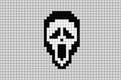 Pixel Ghostface, Ghost Face Pixel Art Grid, Ghostface Pixel Art Grid, Ghostface Cross Stitch Pattern, Micro Pixel Art, Perler Bead Patterns Ghostface, Scream Pixel Art Grid, Ghost Face Perler, Skeleton Pixel Art Grid