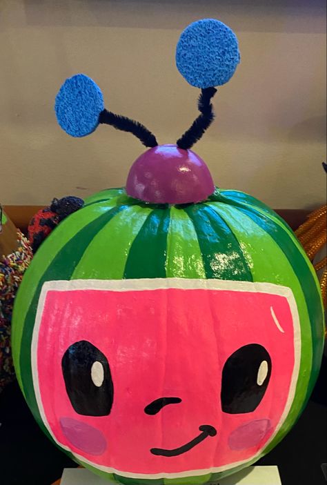 Pumpkin Painting Ideas Cartoon Characters, Rainbow Pumpkin Painting Ideas, Family Pumpkin Painting Ideas, Animal Painted Pumpkins, Blue Pumpkin Painting Ideas, Bluey Pumpkin Painting, Baby Shark Pumpkin, Cocomelon Pumpkin, Easy Painted Pumpkin Ideas