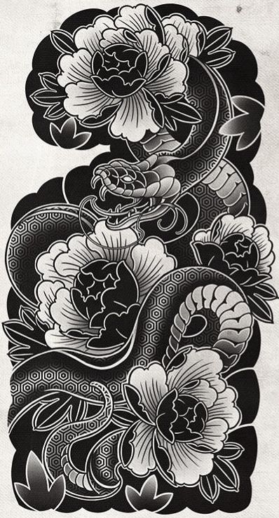 Japanese Tattoo Sleeve Stencil, Black And White Irezumi, Japanese Sleeve Tattoos Design, Japanese Black Work Tattoo, Japanese Small Tattoo Men, Black And White Half Sleeve Tattoo Women, Japanese Ornamental Tattoo, Japanese Traditional Tattoo Black, Jappo Tattoo