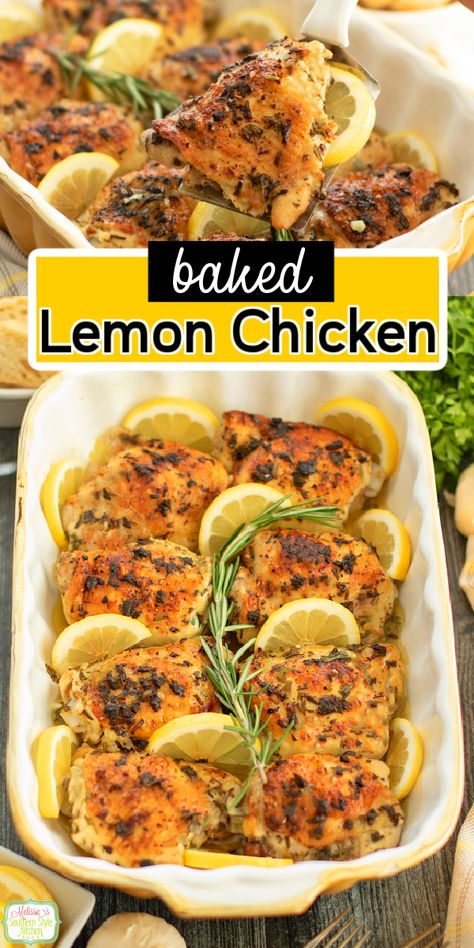 This baked Lemon Chicken is a quick and flavor packed entree. Serve it with mashed potatoes, pasta or rice. #chickenthighs #easychickenrecipes #chicken #chickenthighsrecipe #lemonchicken #lemonroasemarychicken #lemongarlicchicken via @melissasssk Baked Lemon Parmesan Chicken, Lemon Chicken Recipes For Dinner, Bake Lemon Chicken In Oven, Baked Lemon Chicken And Rice, Greek Chicken And Lemon Rice, Roasted Lemon Chicken, Baked Lemon Chicken Thighs, Lemon Chicken Thigh Recipe, Lemon Chicken Thighs Baked